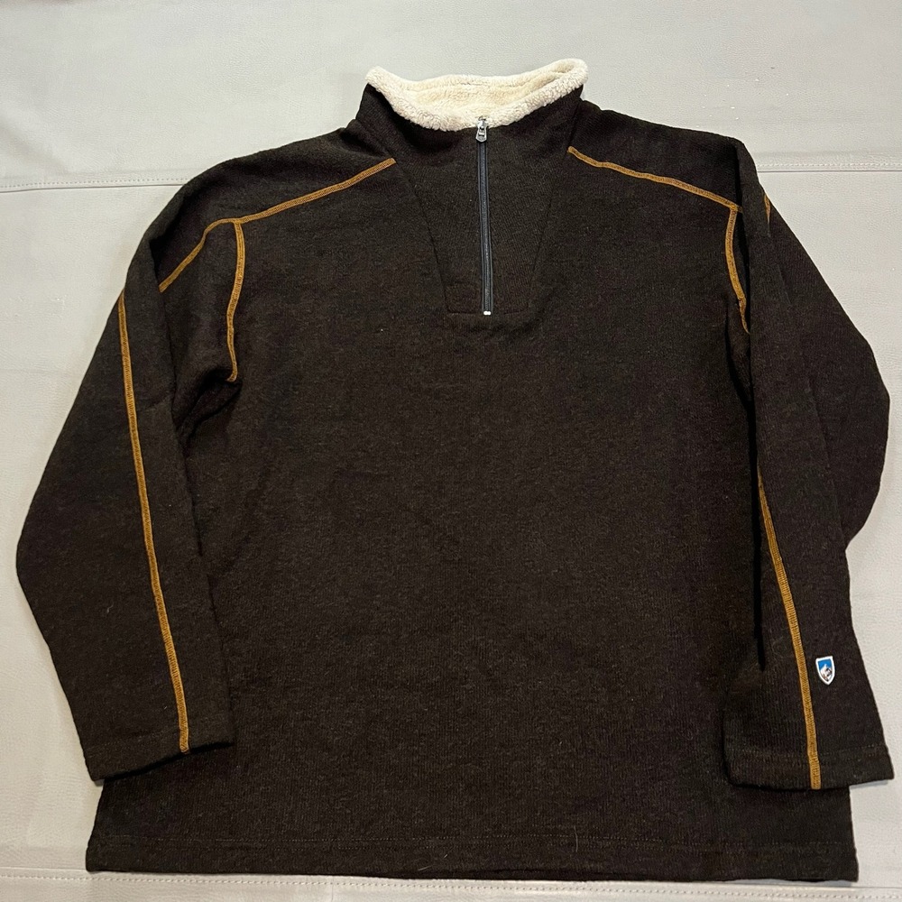 KUHL Europa Alfpaca Fleece Sherpa Sweater Men XL 1/4 Zip Pullover Brown-4371